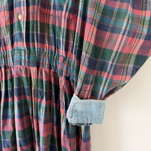 Vtg 90s Plaid Flannel Maxi Dress M Tall Denim Collar Long Sleeve Cotton Cabin - Picture 5 of 10